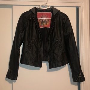 Leather jacket with Grey hood